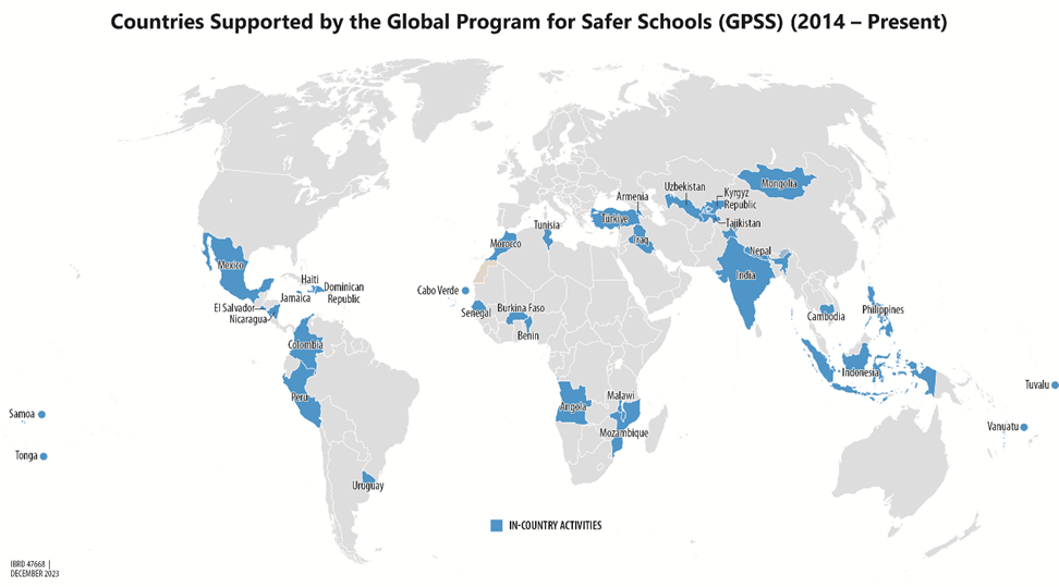 World map illustrating the presence of Safer Schools across the globe